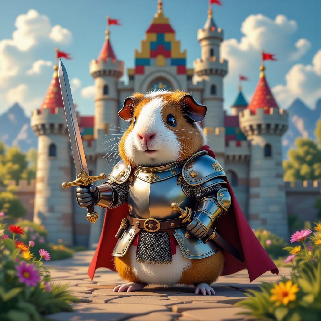 Majestic Guinea Pig Knight Defending Whimsical Castle