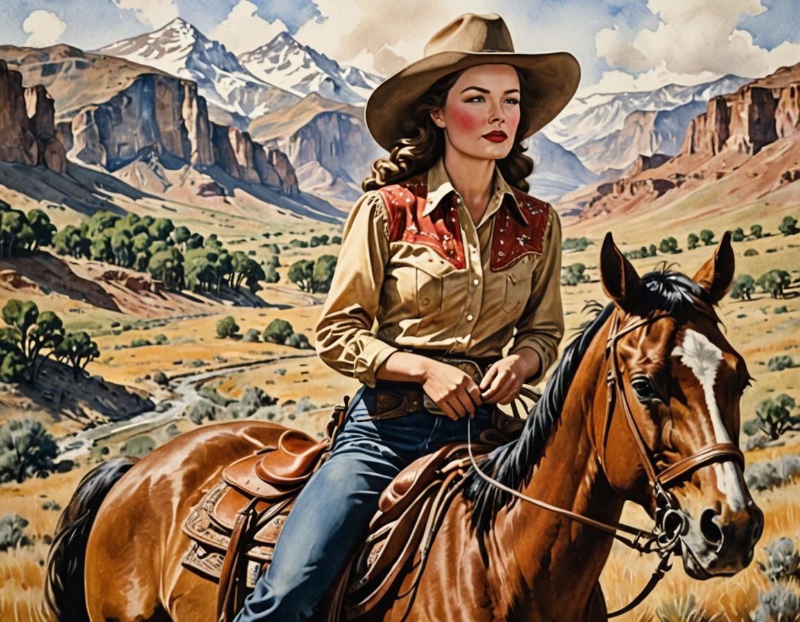 Cowgirl on Horseback in Wyoming: Impressionistic Watercolor