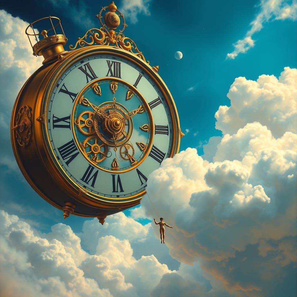Surreal Clock Amongst Clouds in Dalí-Inspired Style