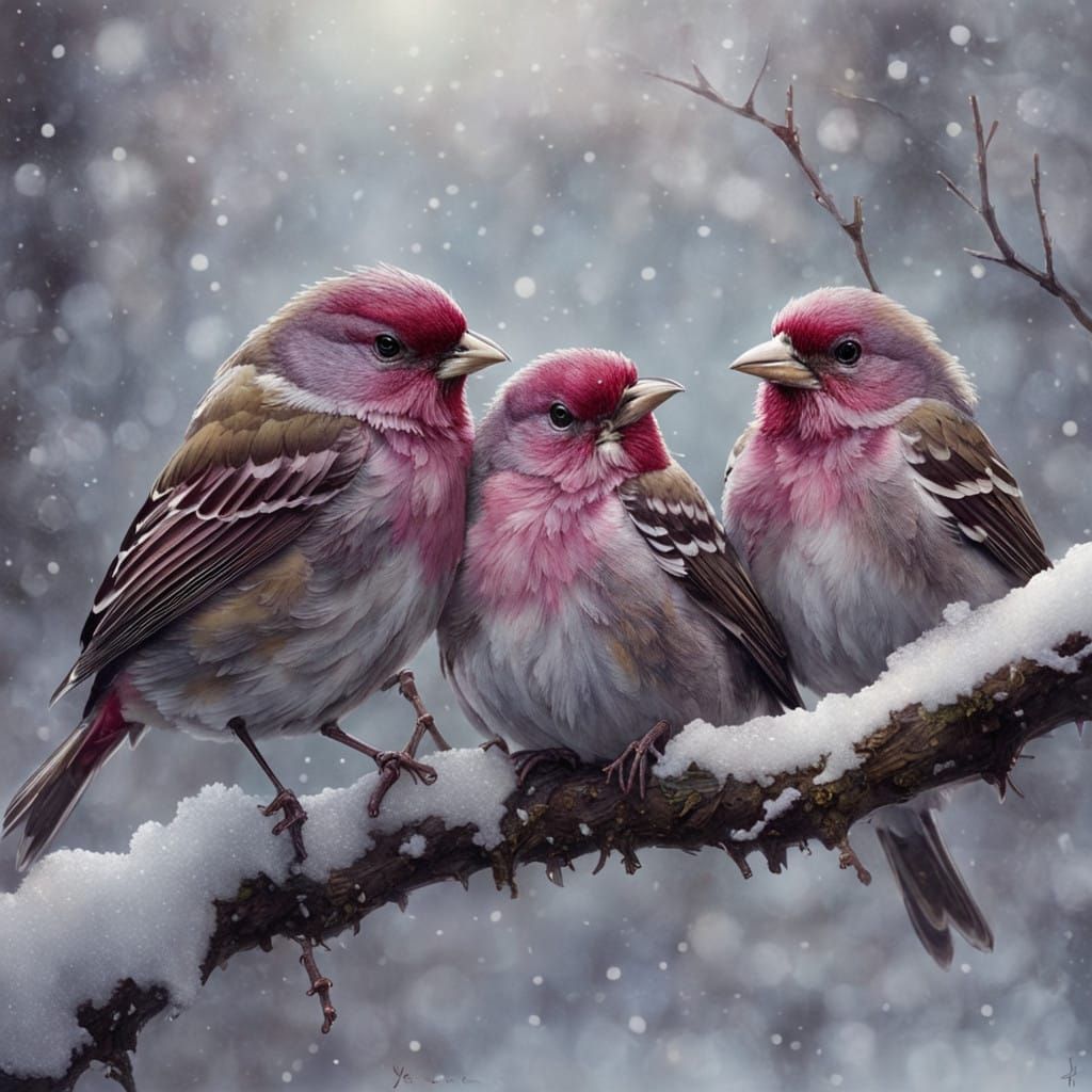 Three Purple Finches Huddle Together in Snowy Winter