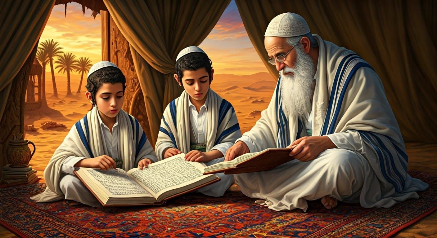 Yemeni Children Studying in Desert Tent, Folk Art Style