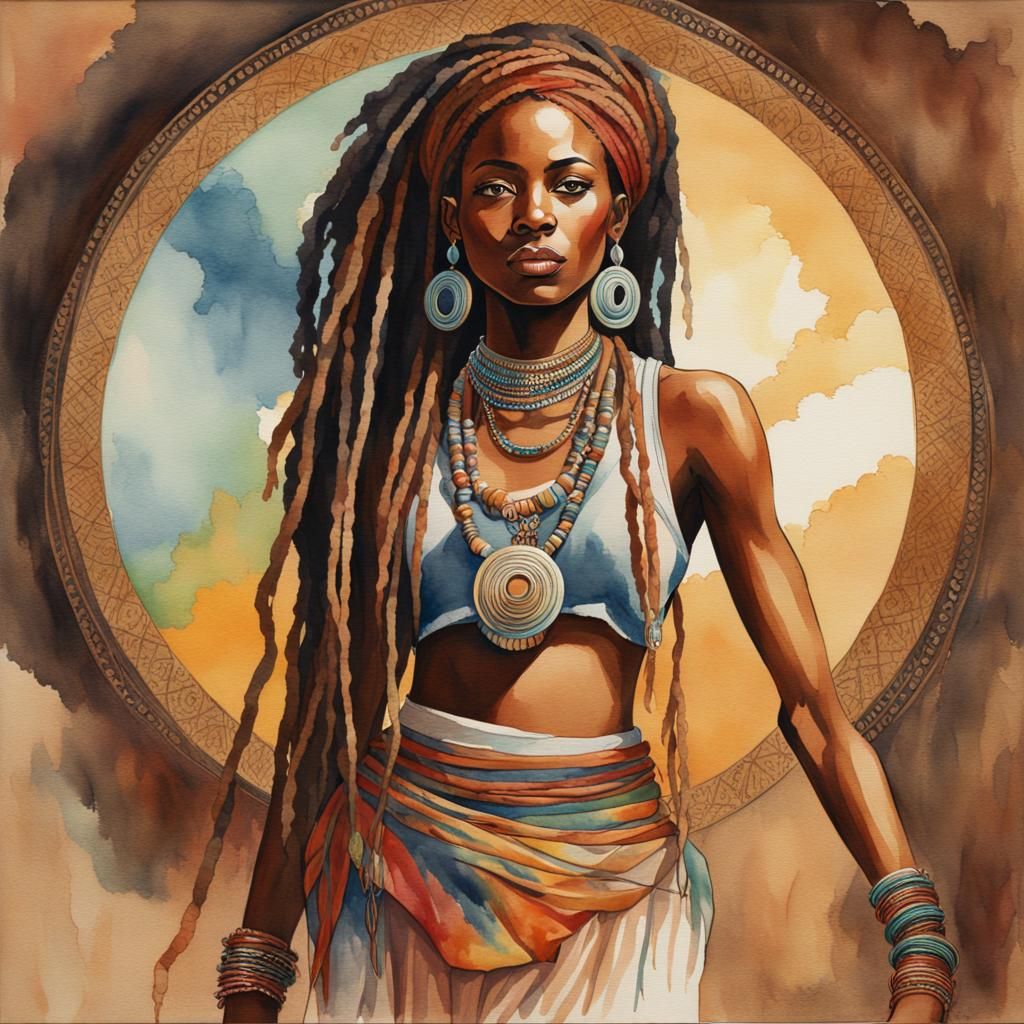 Bohemian African Woman in Watercolor Painting