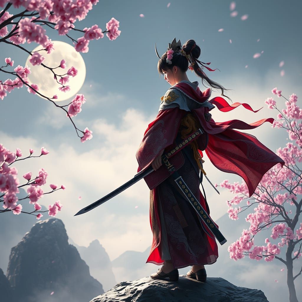 Geisha Warrior with Steel Kimono on Misty Mountaintop