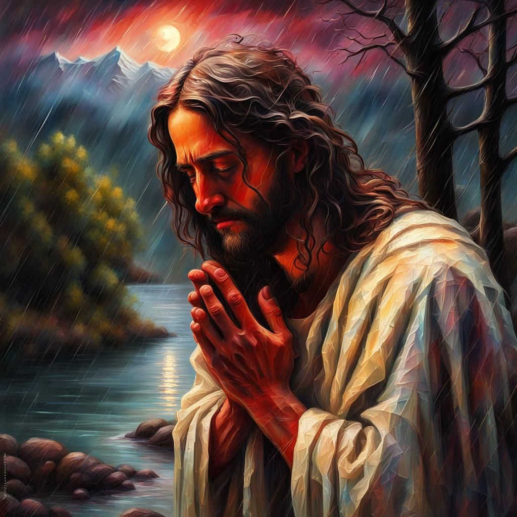 Jesus Comforts Woman in Rainy Impasto Landscape