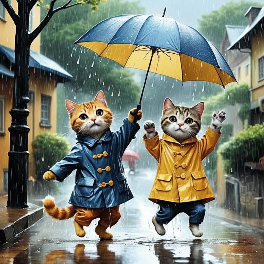 Happy Cats Dancing in the Rain