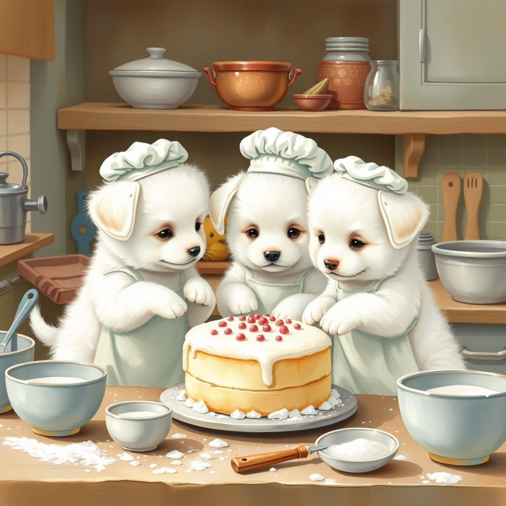 Whimsical Puppies Bake a Cake in Watercolor Style