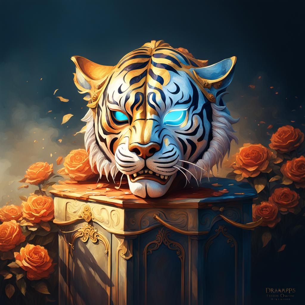 Surreal Tiger Theatre Masks in Dreamlike Setting