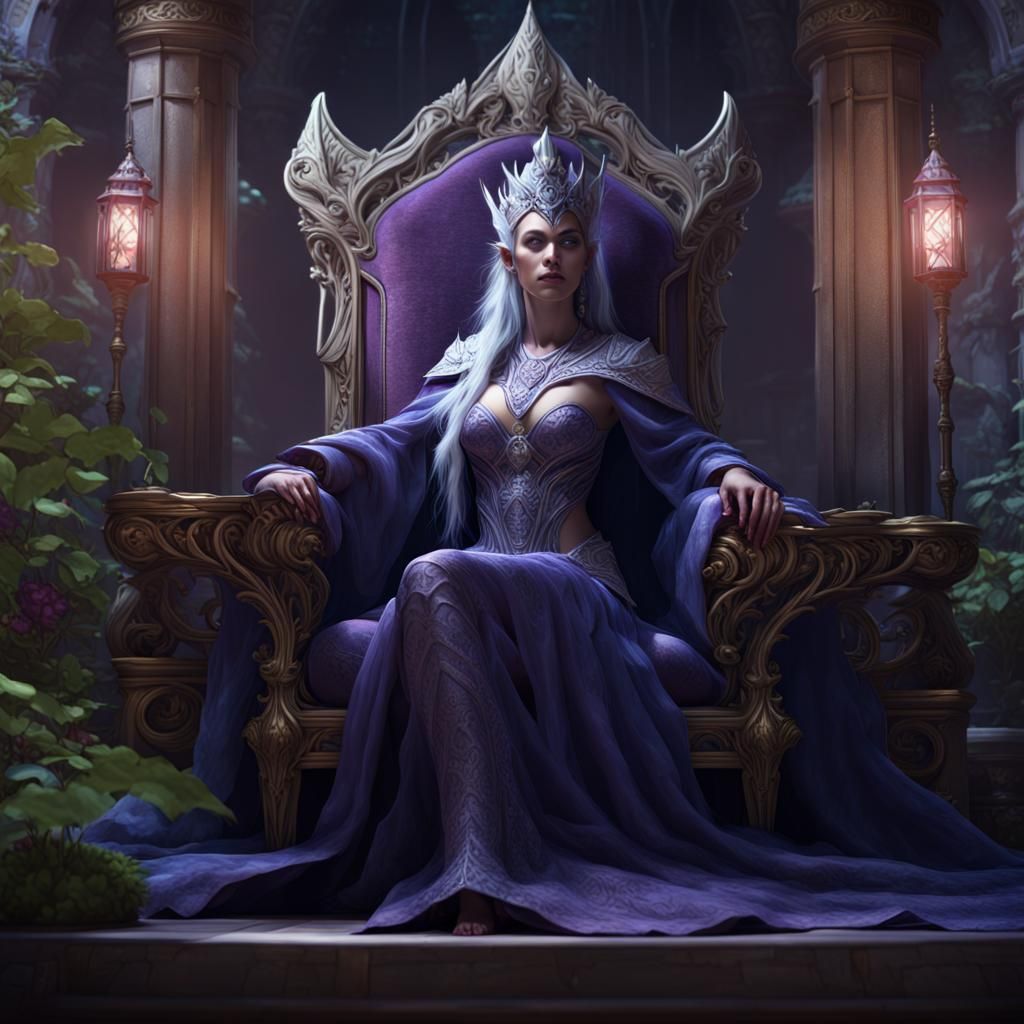 Moon Elf Queen in Garden Palace, Dark Fantasy Art