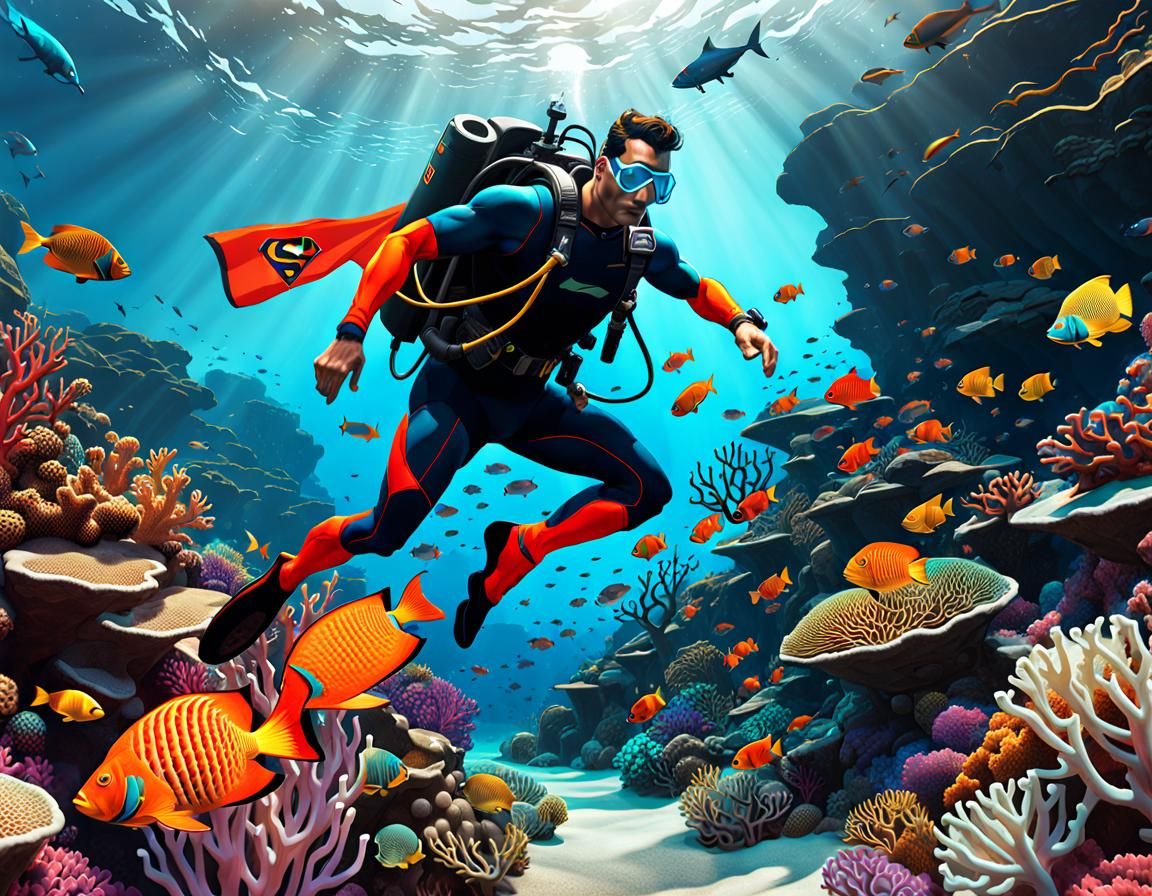 Superman Scuba Diving in Coral Reef