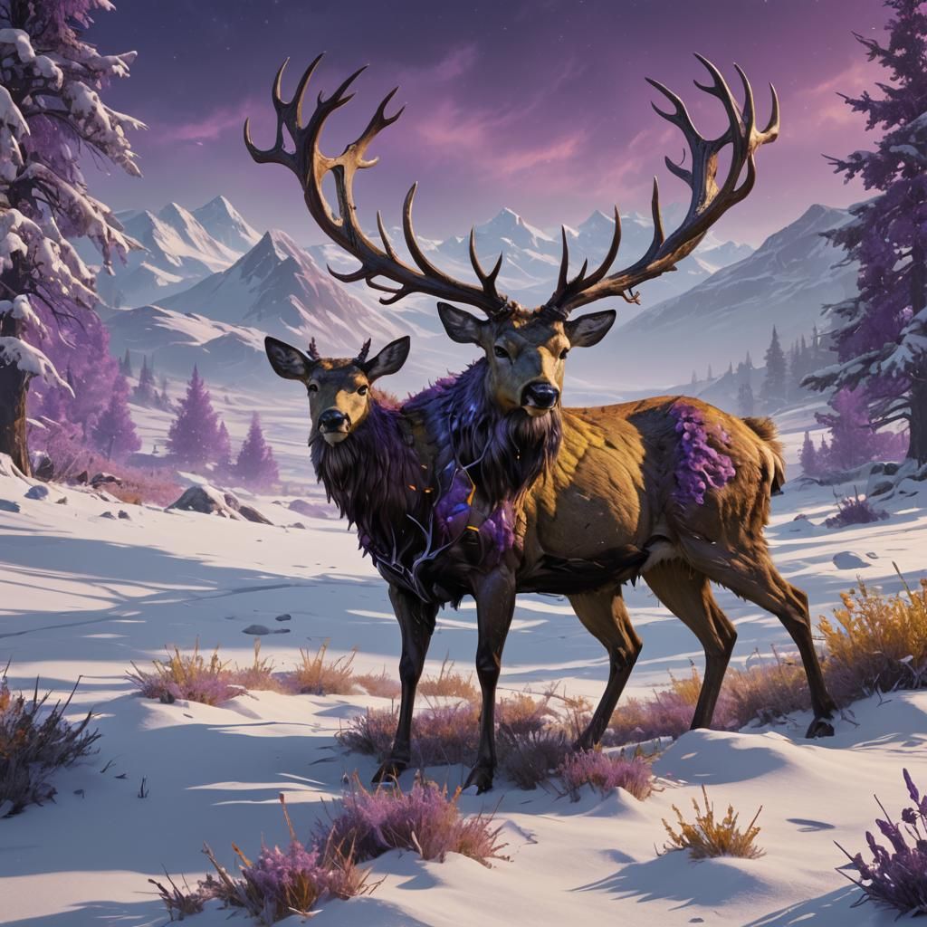 Radiated, Undead Deer in Dark Fantasy, 8k, Splashed with Pur...