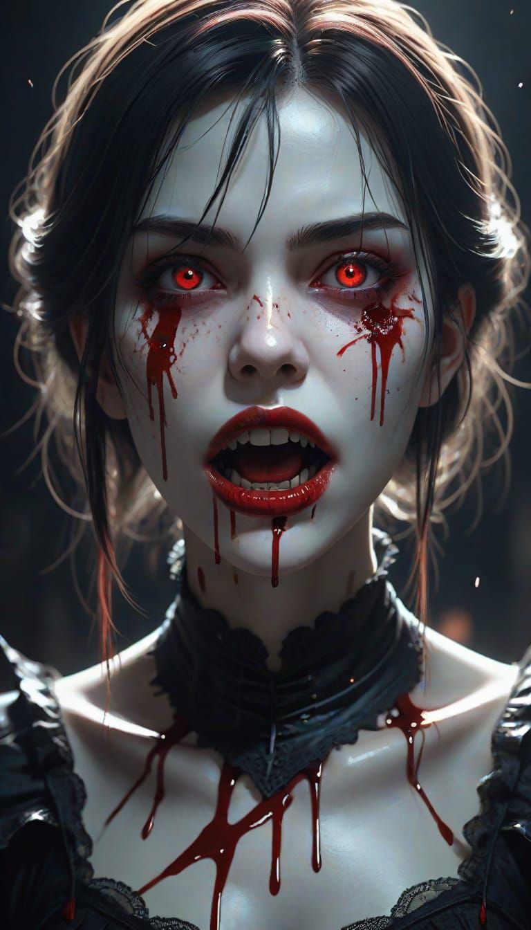 Gothic Anime Vampire with Blood Splatter in Digital Art