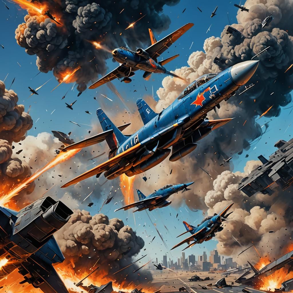 Aircraft Dogfight in Explosive Digital Painting