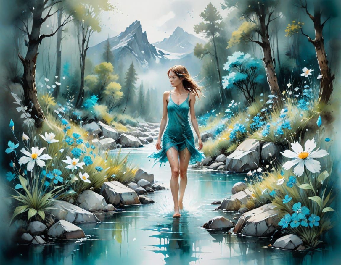 Turquoise Watercolor Forest by Rocky Stream