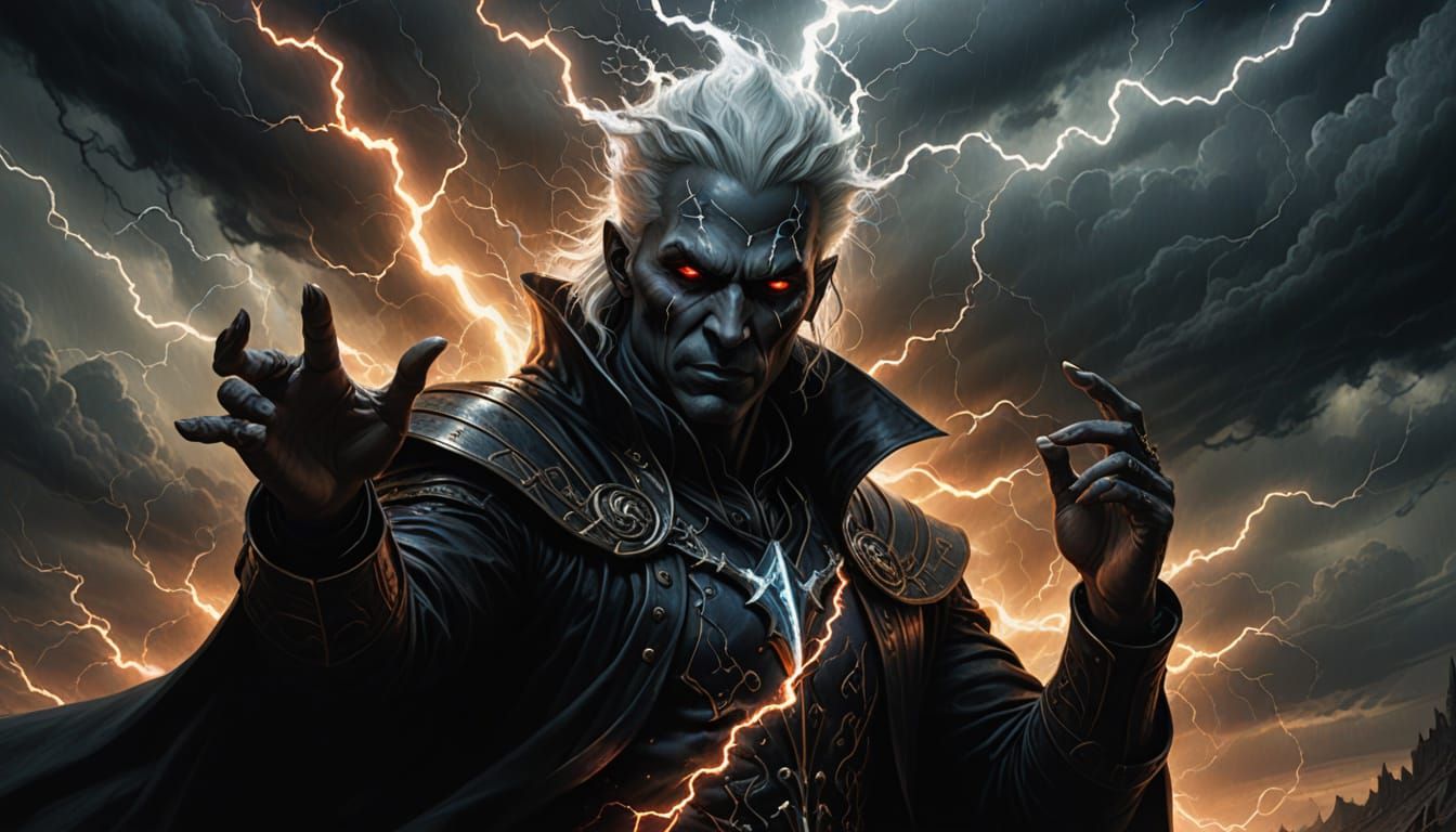 Dark Fantasy Warlock Unleashes Electrifying Lightning Spell