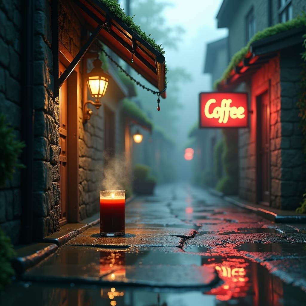 Steaming Coffee in Rain-Soaked Cyberpunk Street