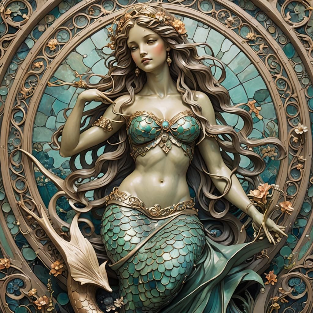 Mermaid Statue in Alphonse Mucha Style
