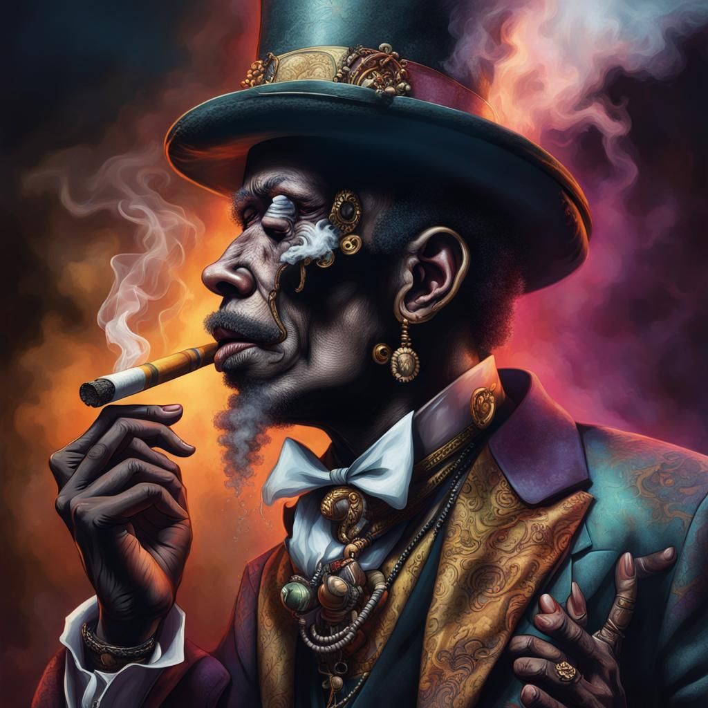 Voodoo Priest with Ghost Smoke Cigar, Hyperrealistic Art