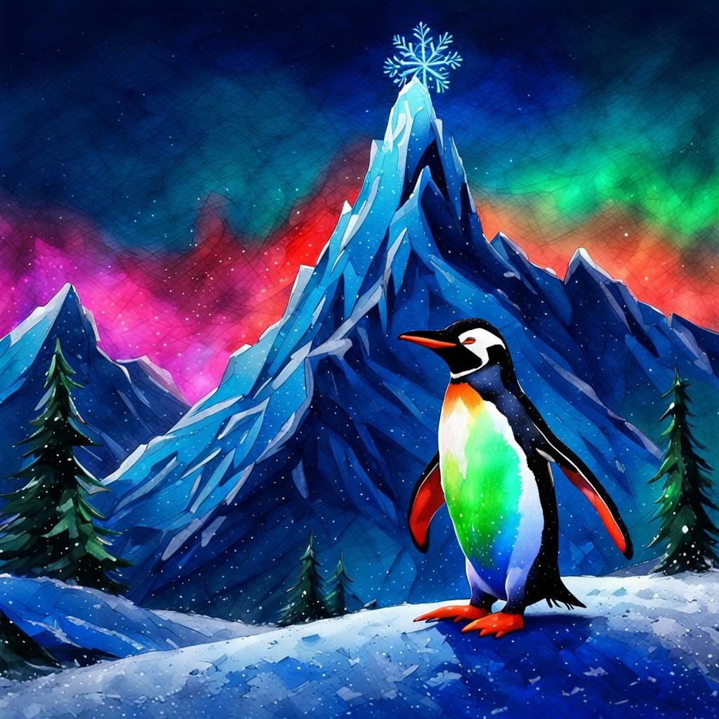 Penguin in winter snowing by a frozen peak at night. I want a neon penguin that has blue red green colors around it and ...
