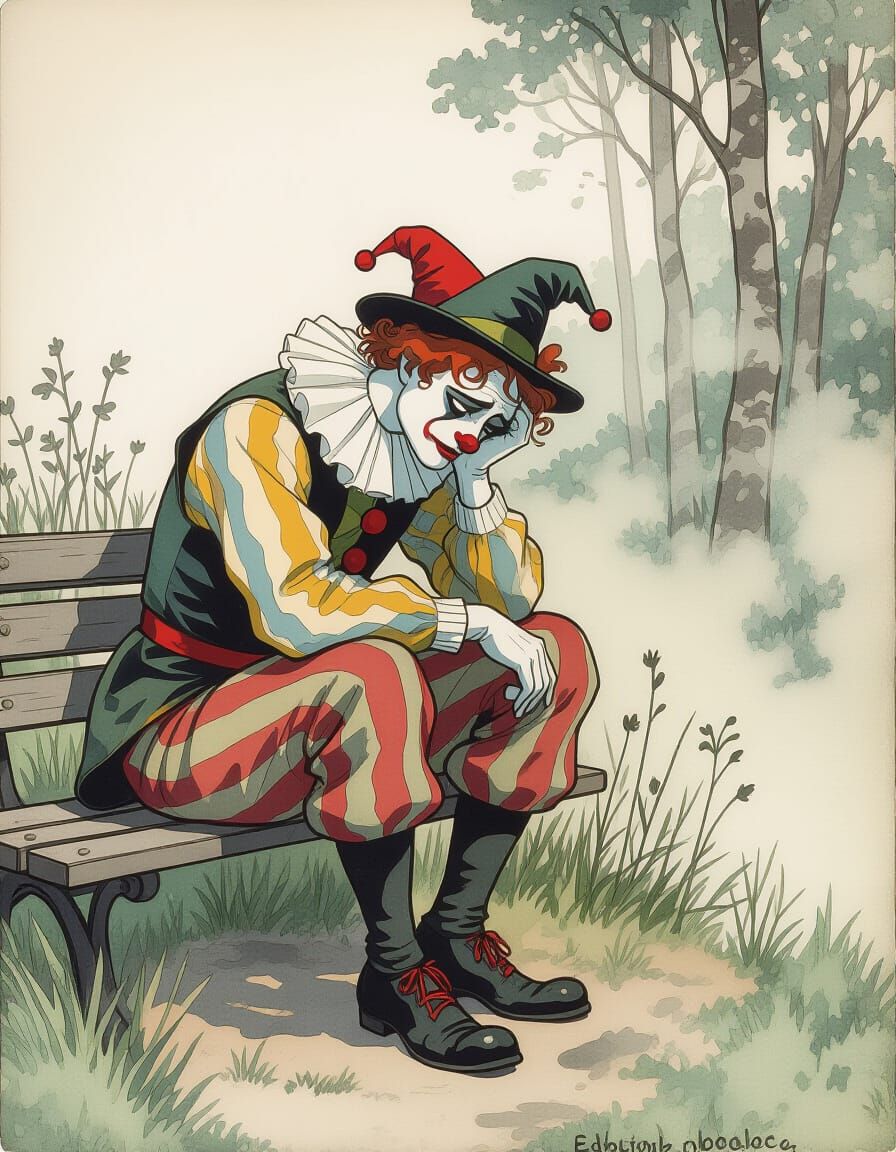 Sorrowful Clown in Misty Glade, Post-Impressionist Drama