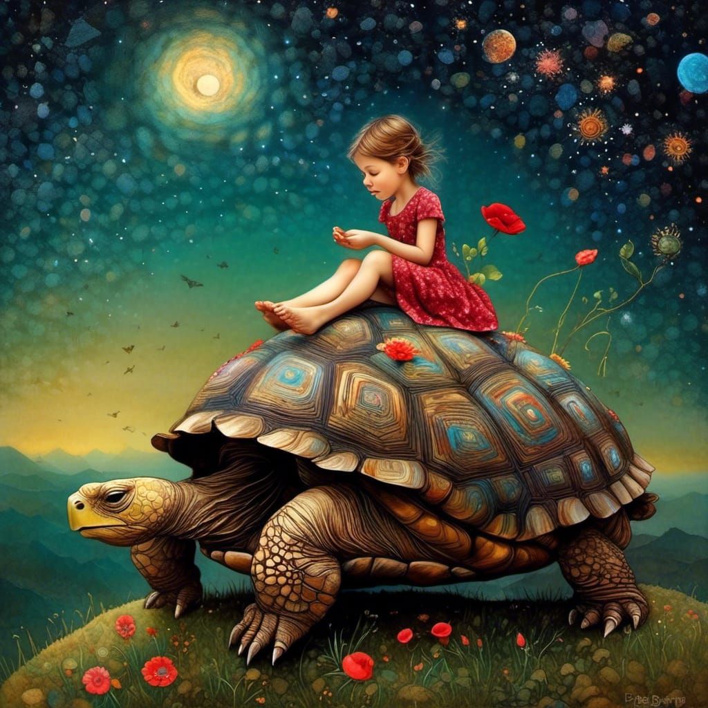 Sprite on Giant Tortoise in Galaxy Night