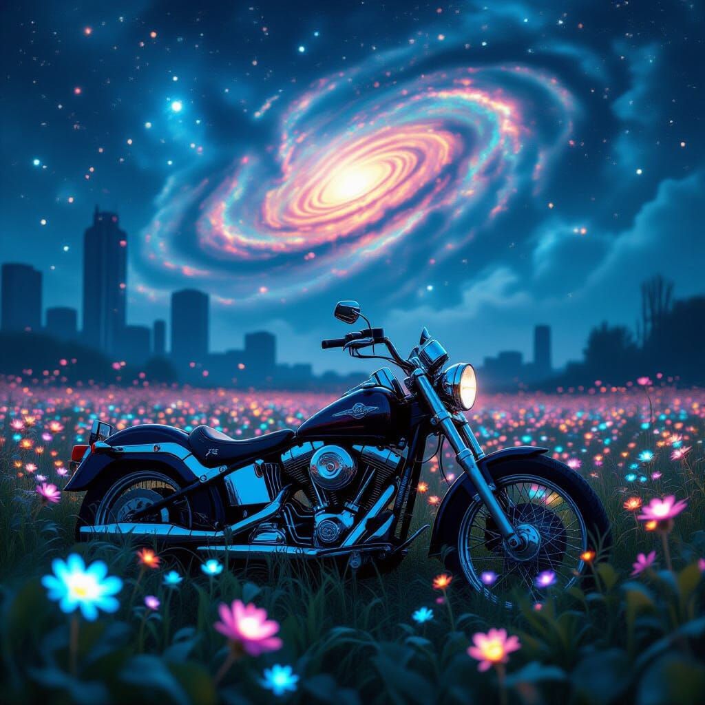 Abandoned Motorcycle in Bioluminescent Field Under Nebulae S...
