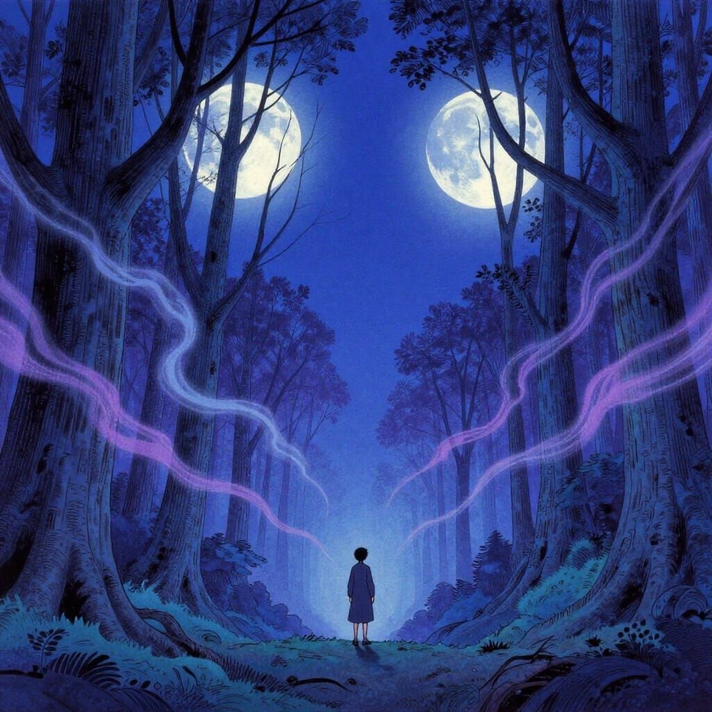 Lone Figure in Mystical Forest Under Twin Moons