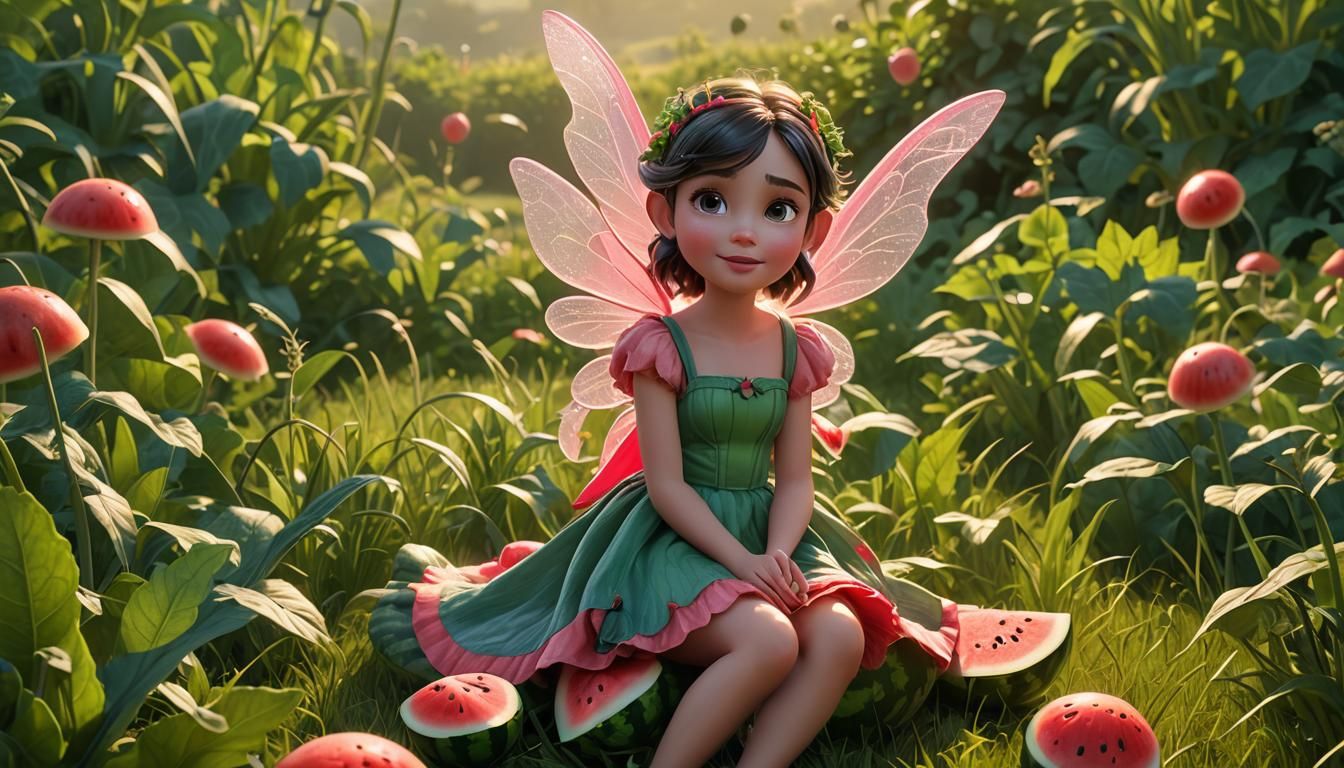 Watermelon Fairy in a Sunny Field, 3D Digital Art