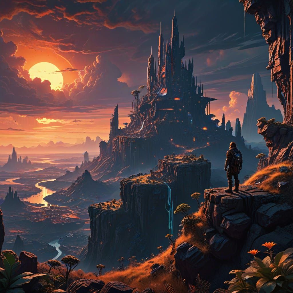 Dwarf Overlooking Alien City at Sunset