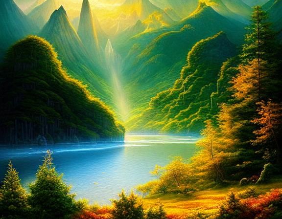 Elven Mountains in Golden Sunset Oil Painting