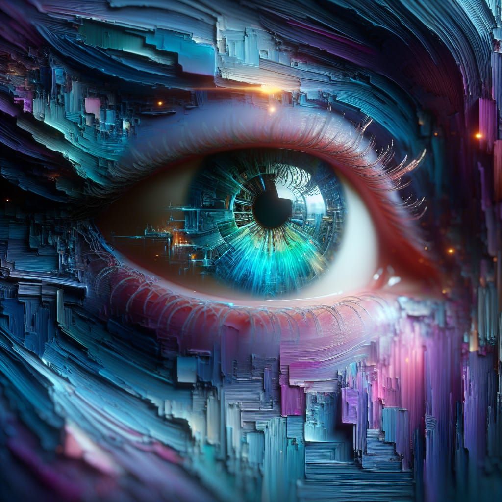 Surreal Eye Reflecting Futuristic City as Oil Painting