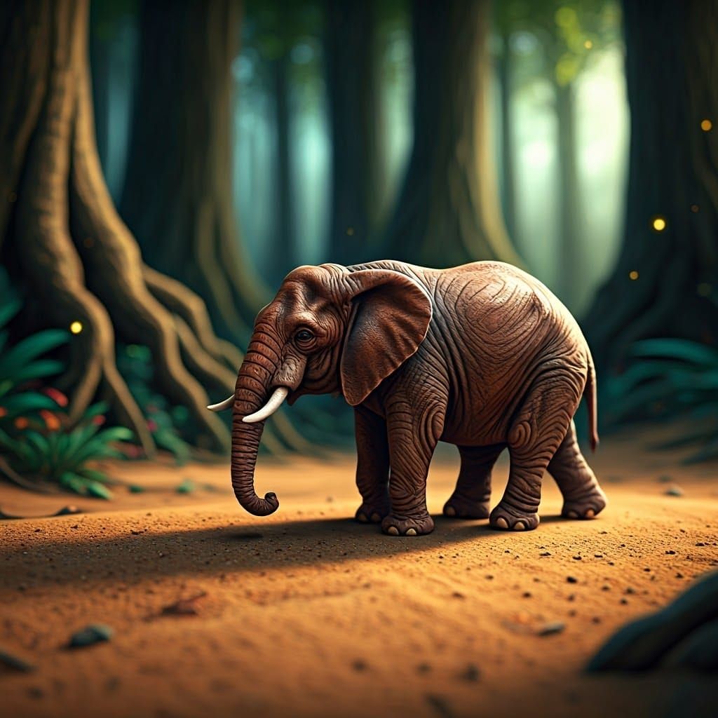 Leather Elephant in Mystical Forest, Hyperrealistic Render