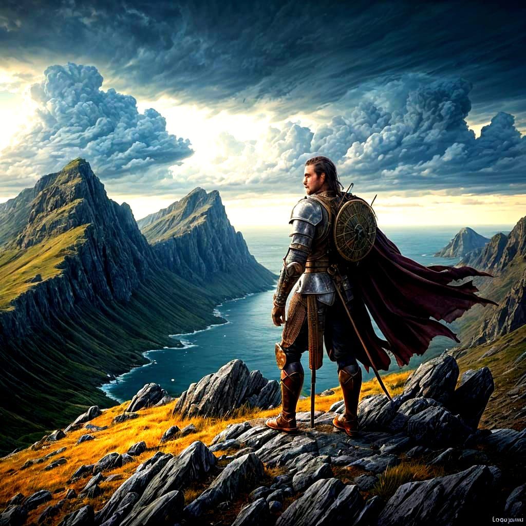 Knight on Mountain Peak Gazing at Stormy Sea