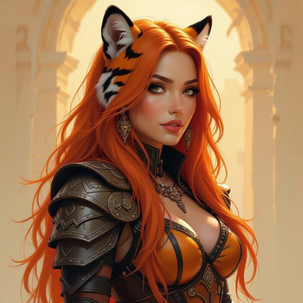 Tiger Woman in Leather Armor Fantasy Art