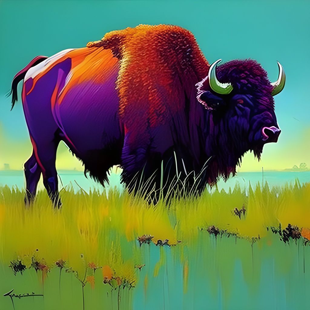 Buffalo in Impasto Style Landscape