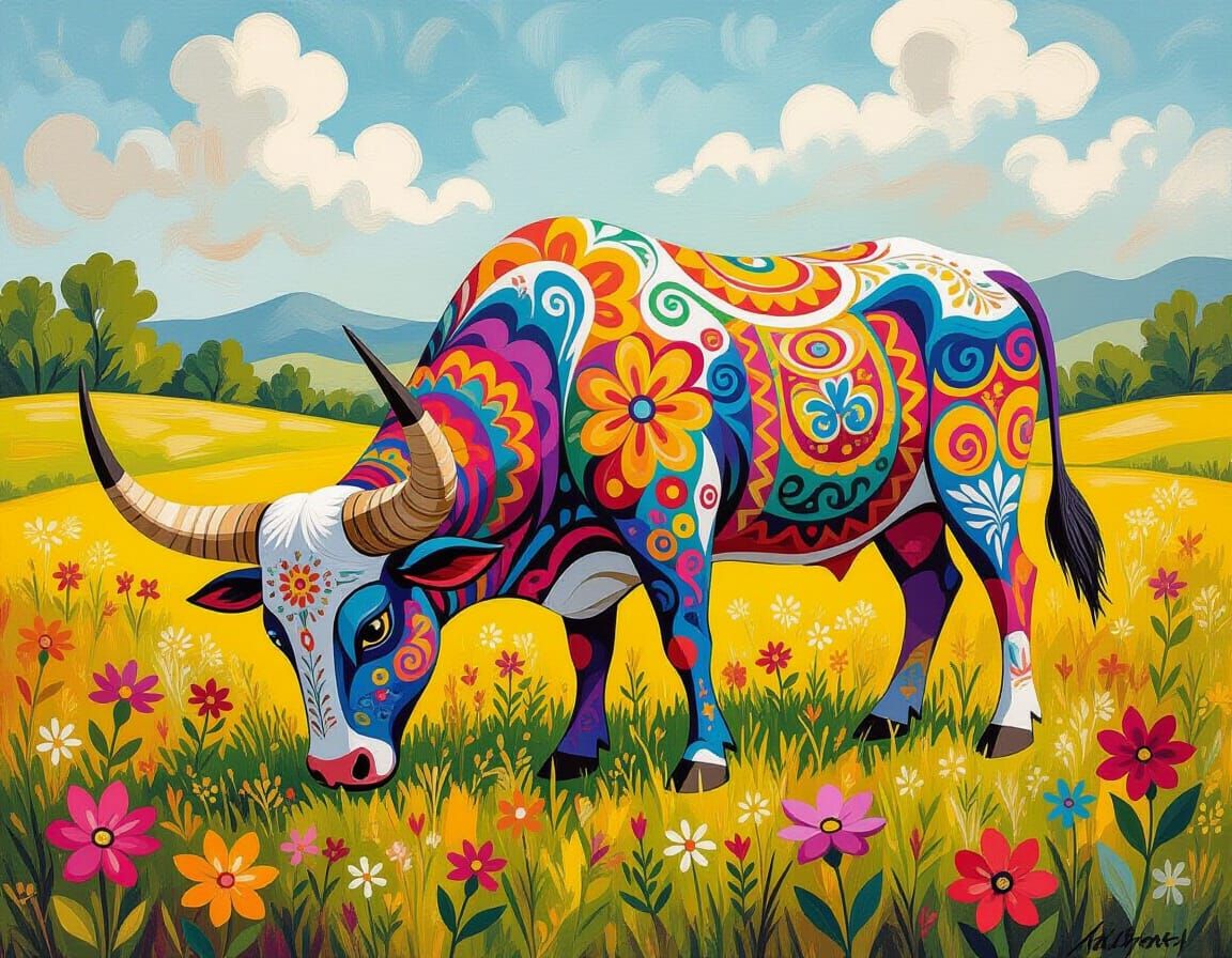 Alebrije Longhorn Grazing in Sunny Meadow