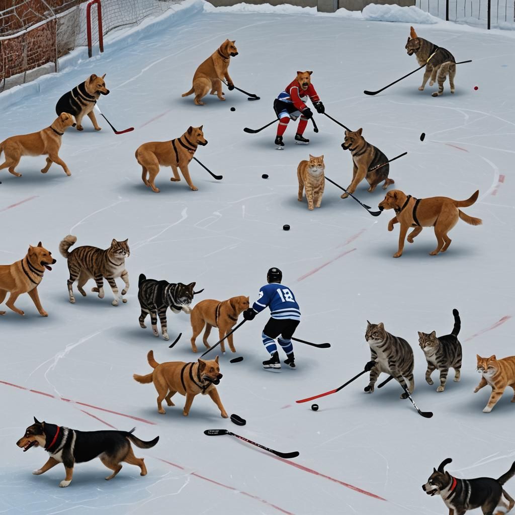 Dogs and Cats Playing Hockey in Winter