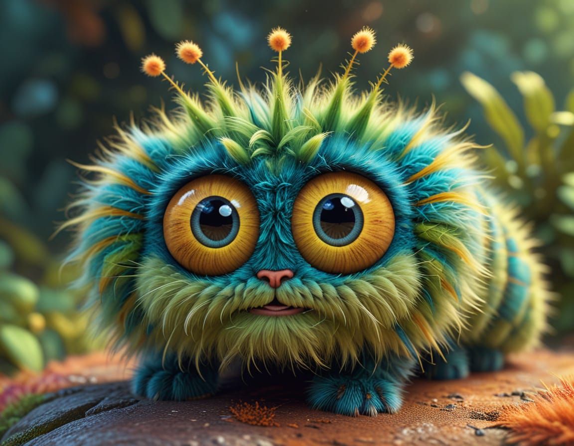 Cartoon Caterpillar in Cat Fur: 3D Digital Art