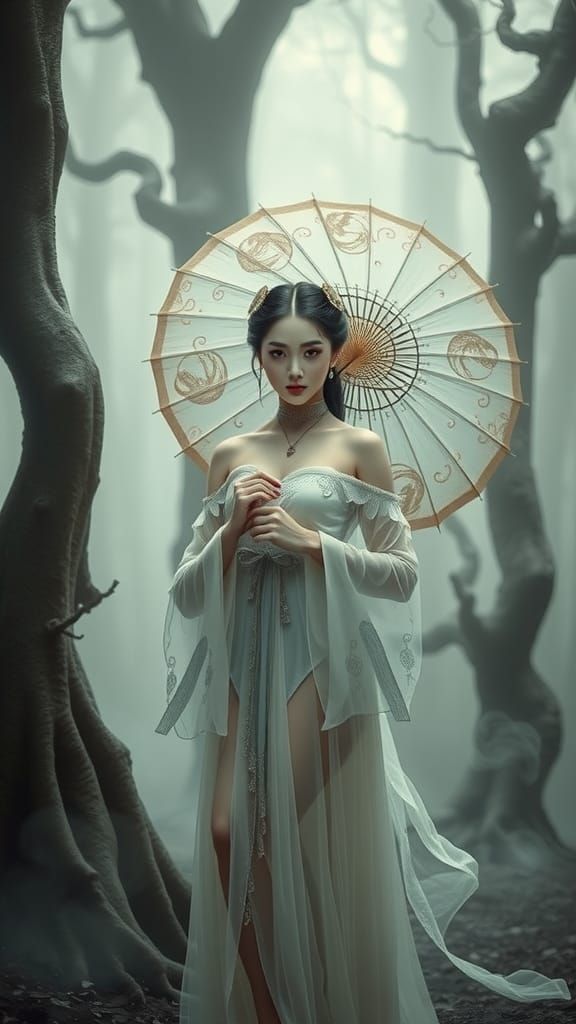 Ethereal Oriental Ghost in Misty Forest