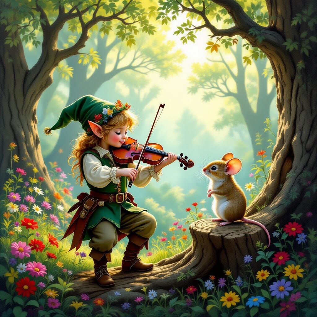 Elf Serenades Mouse in Whimsical Renaissance Forest
