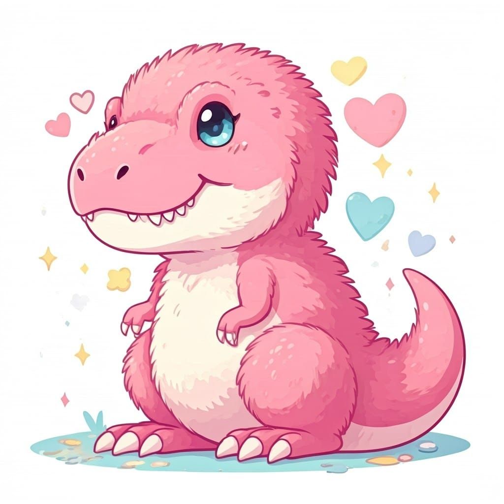 Kawaii Pink T-Rex Surrounded by Hearts and Confetti
