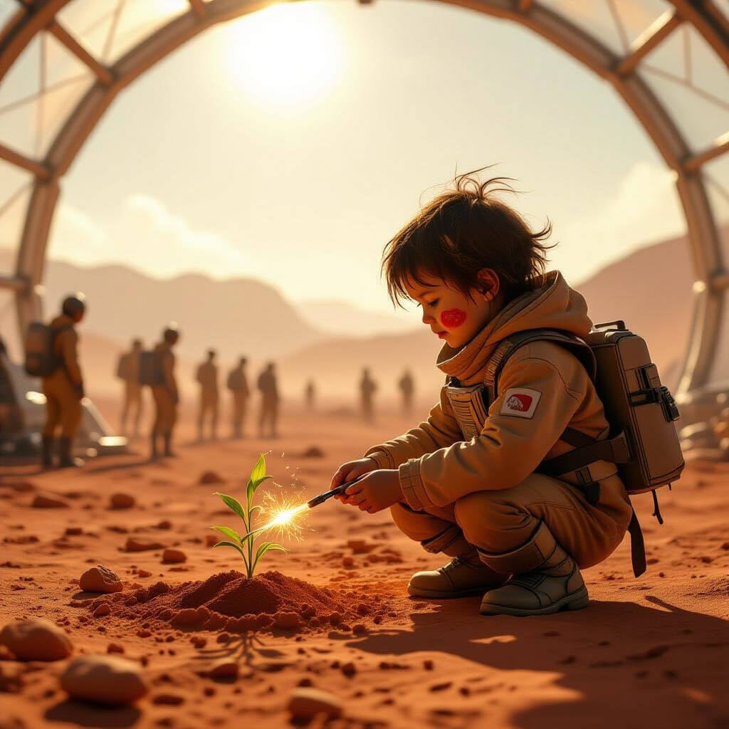 Martian Colony Child Plants Earth Seed in Biosphere Dome