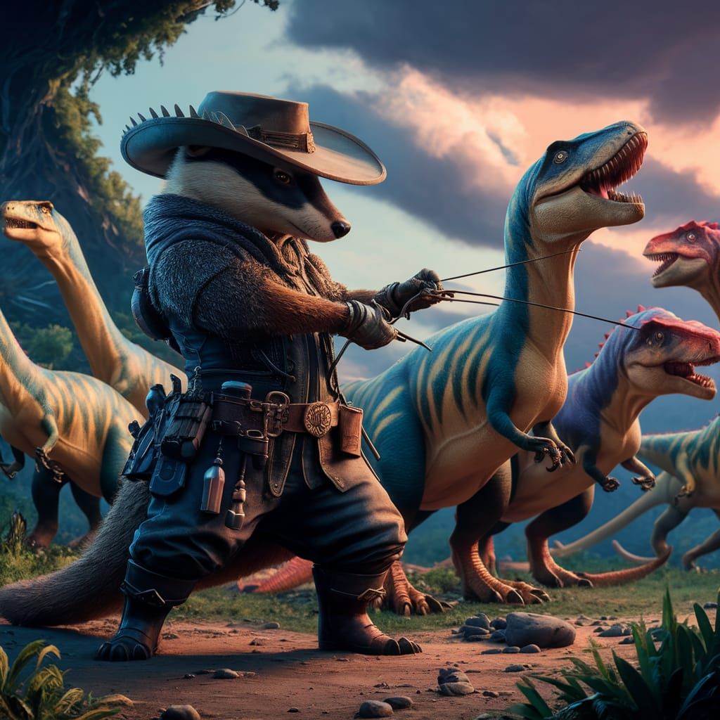 Badger Dinosaur Wrangler in a Matte Painting Style