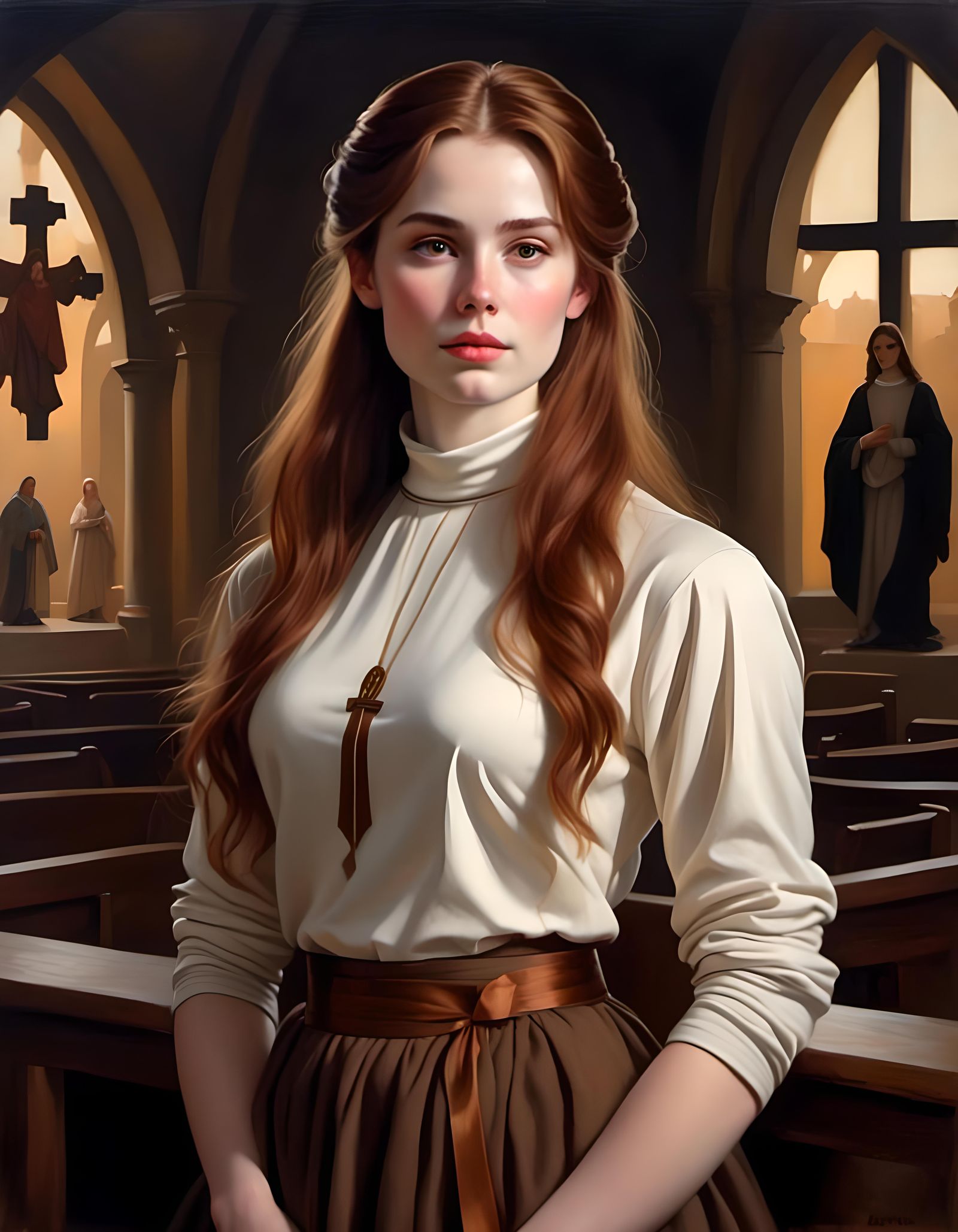 Curvy Woman Portrait with Catholic Chapel Backdrop