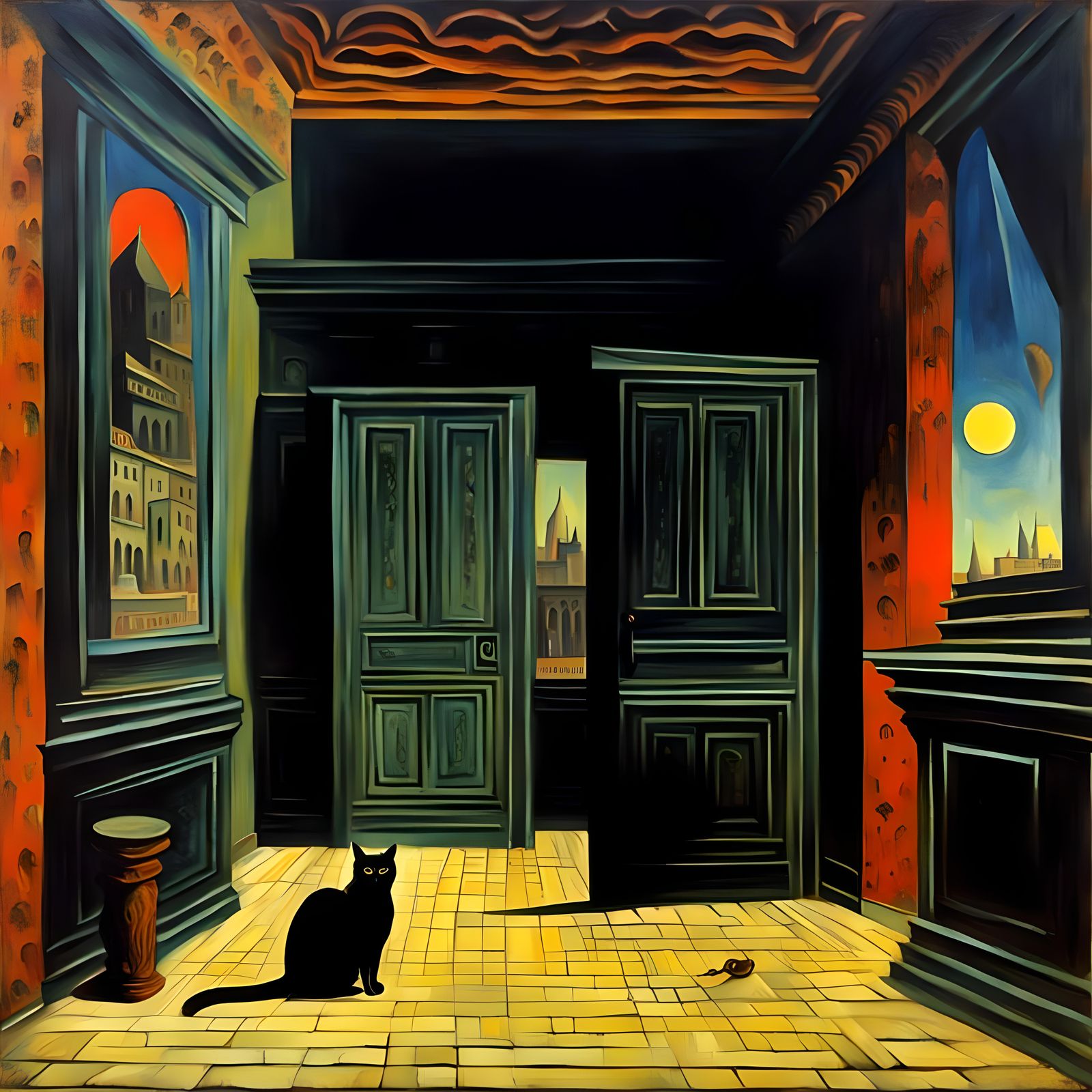 Black Cat Hiding in Museum, Surrealist Oil Painting