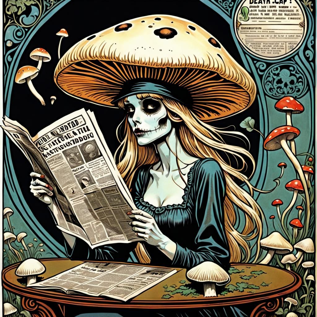 Mushroom Girl Reading Newspaper in Art Nouveau Style