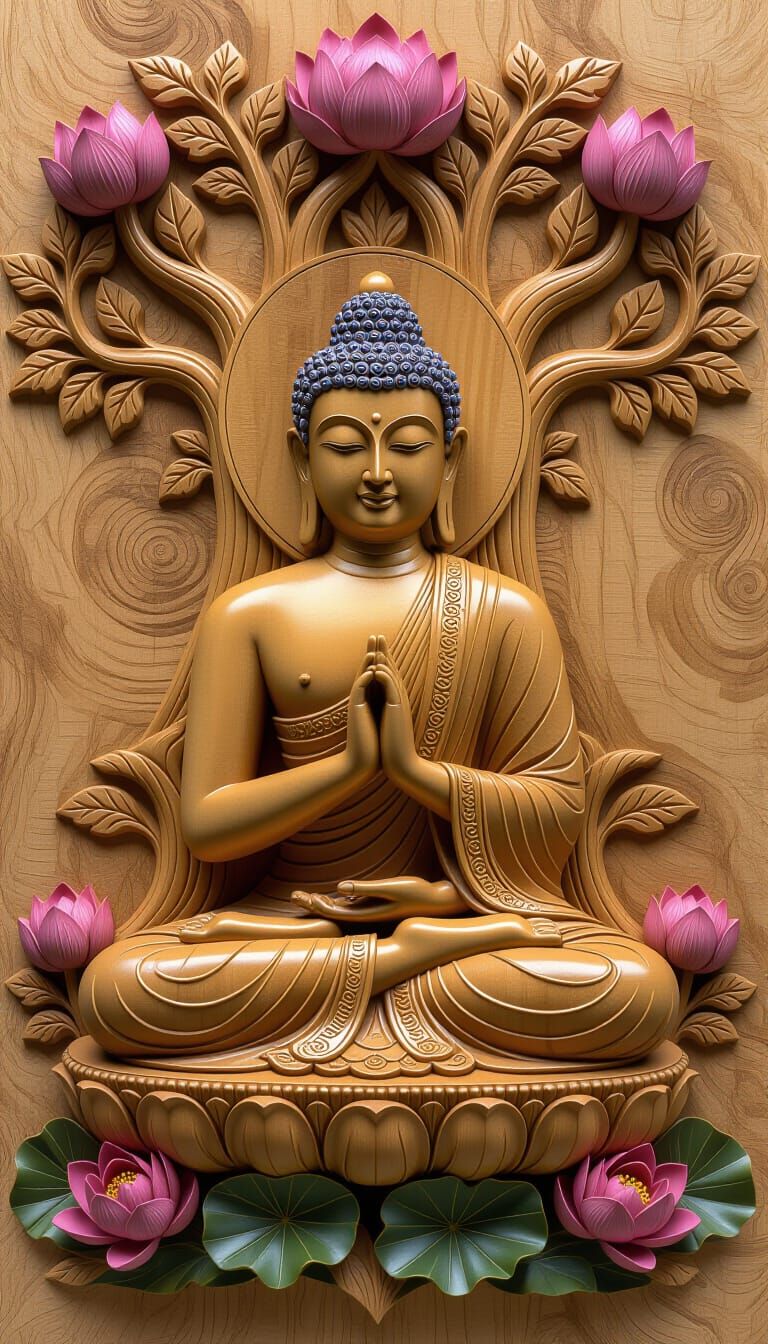 Meditating Buddha Wood Carving with Lotus Flowers