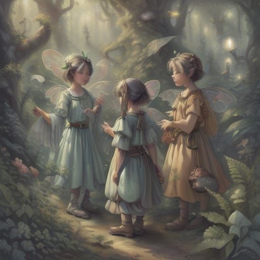 Children Play in Mystical Forest Watercolor Painting