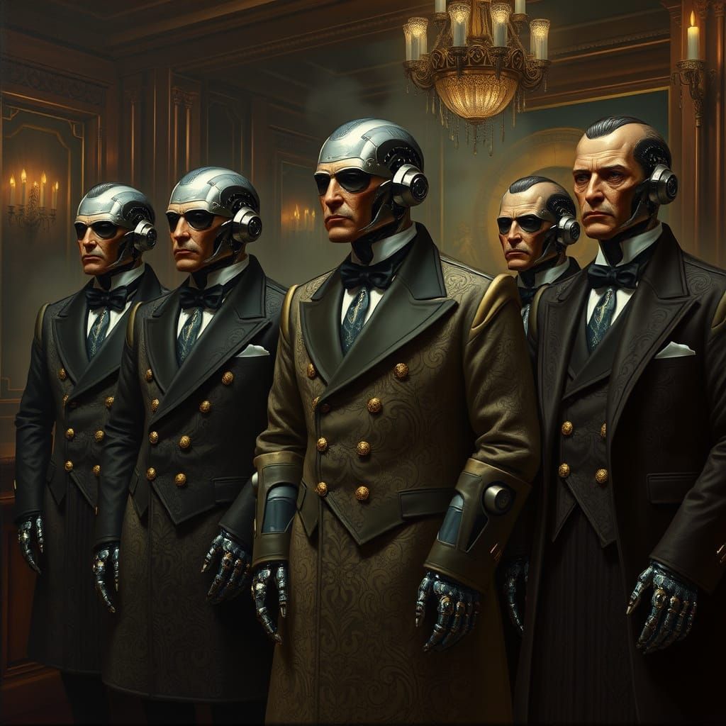 Cyborg Gentlemen in Victorian Steampunk Attire