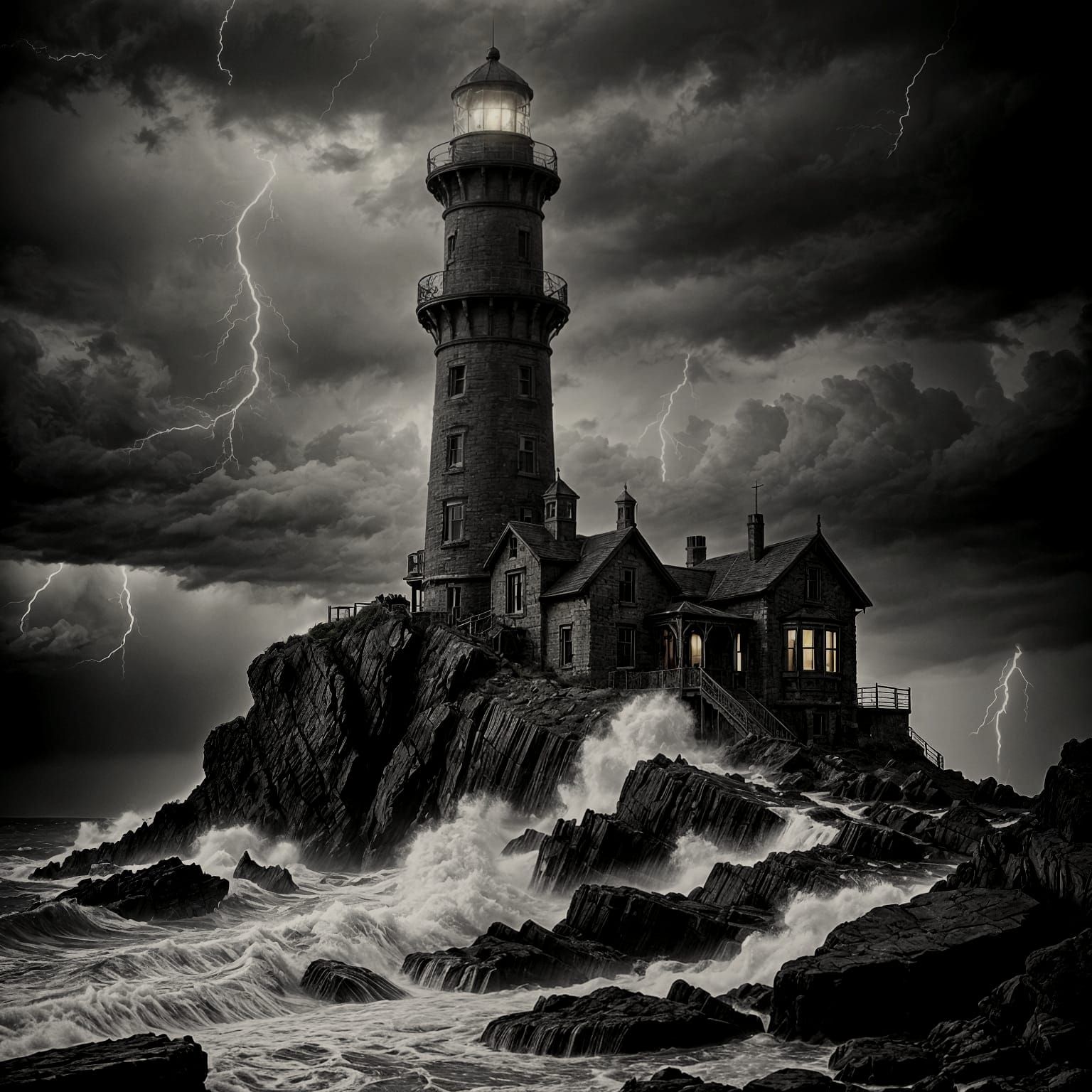 Derelict Lighthouse in Hurricane, 1900s Photograph