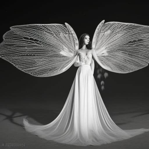 Infrared photography, Jerry Uelsmann, apparition of a winged human butterfly fairy, Death moth fae, luminous silk robe,...